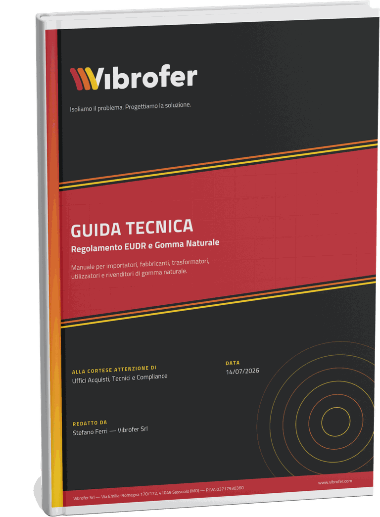 Copertina della guida tecnica Vibrofer sul Regolamento EUDR e la gomma naturale, in formato libretto